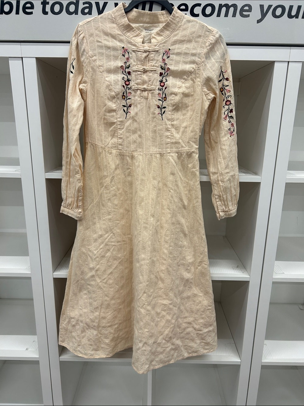 Cream 100% Cotton Fully Lined Embroidered Long-Sleeve Casual Midi Dress